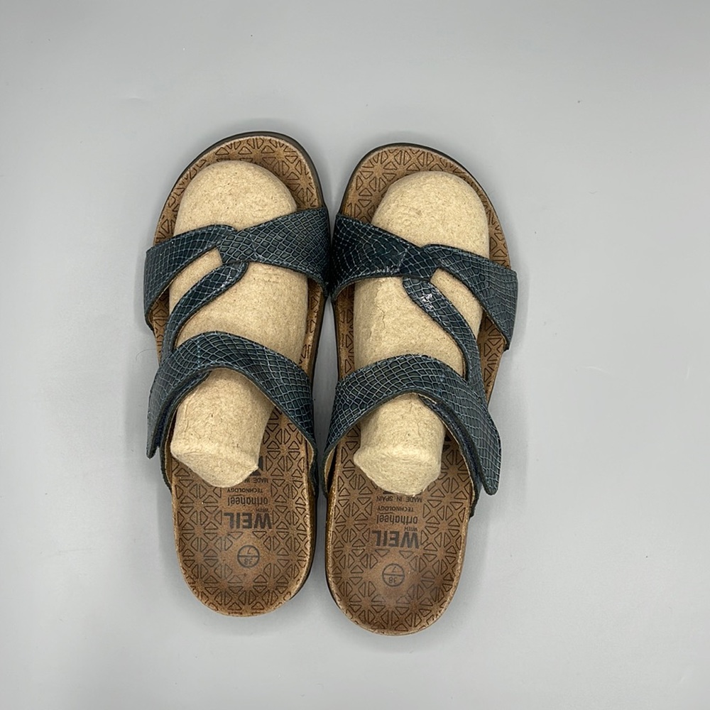 DR. ANDREW WEIL - Sz 38/7 Spain Orthaheel “Faith” Blue Faux Snakeskin Sandals